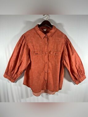 Ivy Jane Women's L Blouse Coral Orange Puff Sleeve Western Pearl Snap Shirt